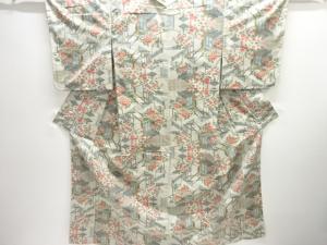 未使用品　御所車に草花模様織り出し本場白大島紬着物（5マルキ）